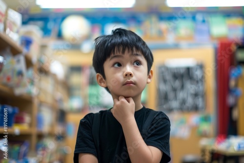 A young boy in a black shirt stands thoughtfully in a colorful classroom, with a curious expression while resting his chin on his hand