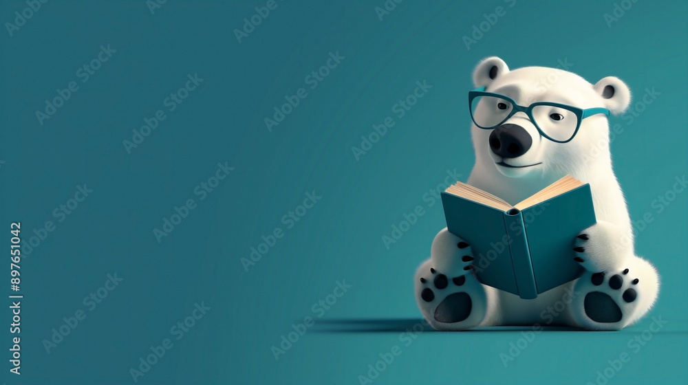 cartoon polar bear wearing glasses and reading a book. cartoon polar bear wearing glasses and reading a book.