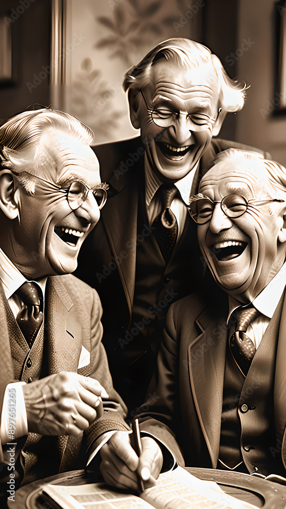Naklejka premium Vintage 3D Engraved Image: Three Old Gentlemen Laughing Together on Friendship Day in Classic Sepia Tones