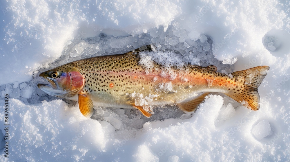 Rainbow trout rests on snowy ice, freshly caught for ice fishing in the winter outdoors. Its vibrant scales contrast beautifully with the cold backdrop