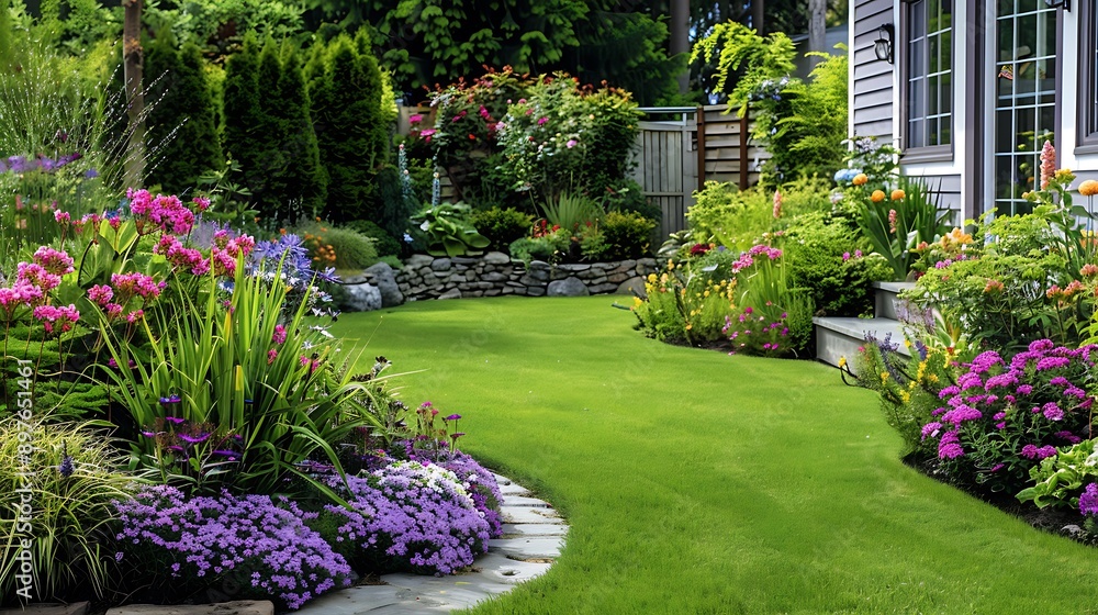 Beautiful landscaping in backyard with flower bed Beautiful landscaping in backyard with flower bed