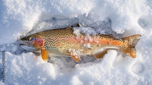 Obraz na płótnie Rainbow trout rests on snowy ice, freshly caught for ice fishing in the winter outdoors. Its vibrant scales contrast beautifully with the cold backdrop w salonie