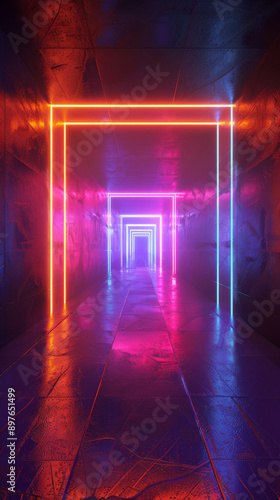 Neon lit futuristic hallway with colorful glowing © LabirintStudio