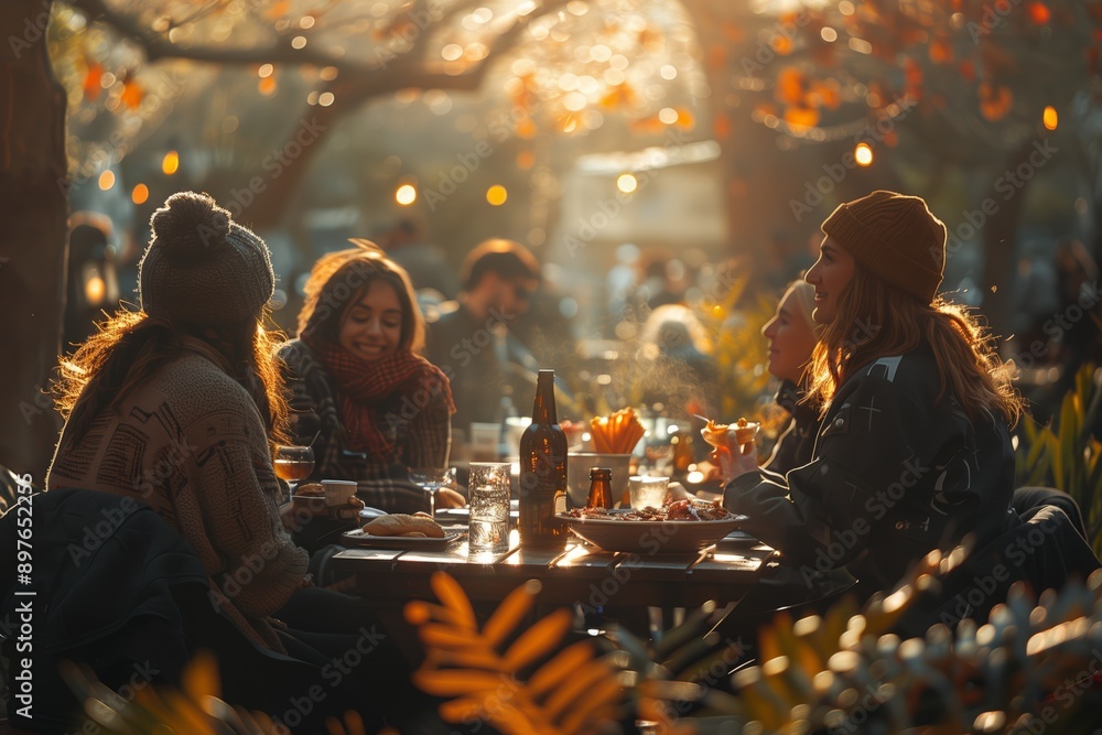 Friends Enjoying Dinner Together Under a Tree in the Golden Hour Friends Enjoying Dinner Together Under a Tree in the Golden Hour