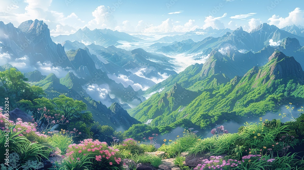 Fototapeta premium Breathtaking alpine landscape with misty mountain peaks, verdant valleys, and blooming flowers under a sunlit sky, creating a picturesque and tranquil nature background image. Watercolor style, high