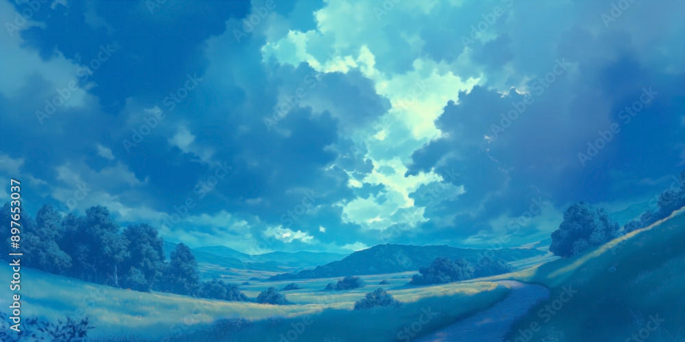 an anime style of hiking way under thunder storm cloud and bad weather an anime style of hiking way under thunder storm cloud and bad weather