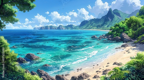A tranquil, marine coastal landscape with pristine waters, sunlit horizon, and lush, verdant shoreline, ideal for a serene nature background image. Watercolor style, high resolution Illustration, in