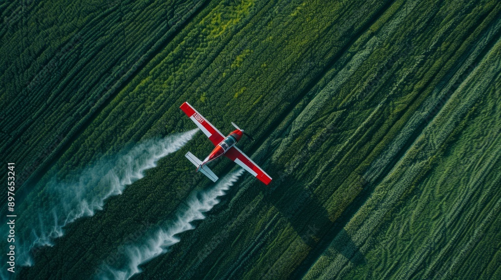 Crop duster airplane flying low over a lush green field, spraying pesticides or fertilizer with red and white colors