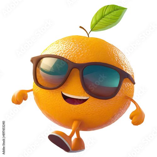 Cartoon happy orange fruit walking wearing sunglasses, transparent illustration.