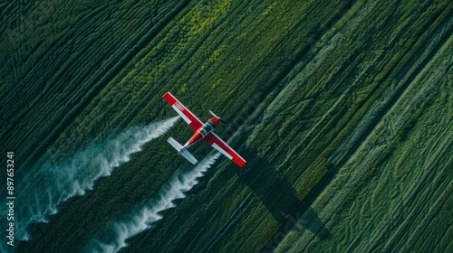 Crop duster airplane flying low over a lush green field, spraying pesticides or fertilizer with red and white colors photo