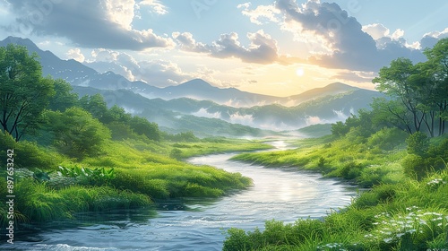 Serene riverine scene with riparian elements, featuring a misty, sunlit river winding through a lush, verdant landscape, perfect for a tranquil nature background image. Watercolor style, high