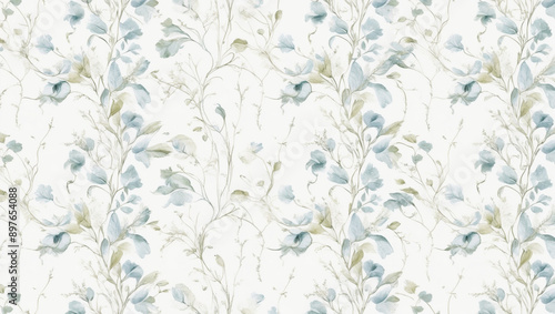 Seamless Abstract Watercolor Floral Pattern With White Background and Delicate Blue and Green Foliage