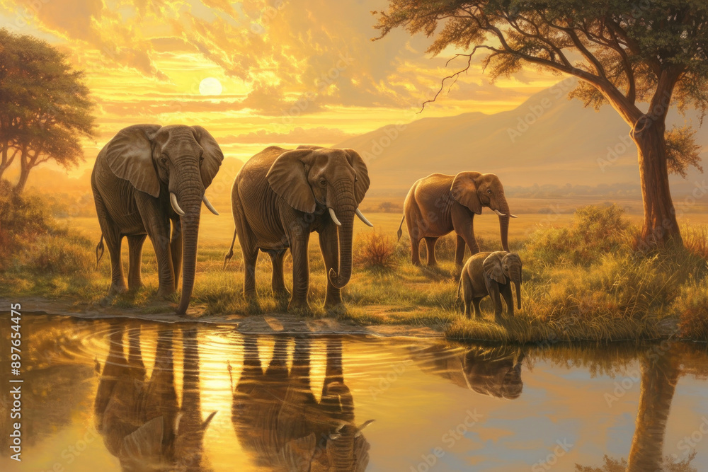 Naklejka premium Elephants at Sunset by a Waterhole in African Savanna