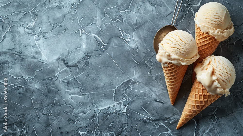 Three delicious vanilla ice cream cones on dark background, perfect for summer cool down and satisfying sweet cravings. Pure indulgence in frozen treats
