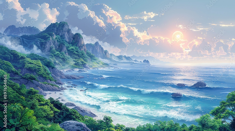 Scenic coastal landscape with marine elements, featuring a misty, sunlit horizon and lush, verdant shoreline, perfect for a serene nature background image. Watercolor style, high resolution Scenic coastal landscape with marine elements, featuring a misty, sunlit horizon and lush, verdant shoreline, perfect for a serene nature background image. Watercolor style, high resolution