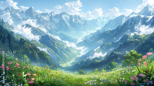 Breathtaking alpine landscape with misty mountain peaks, verdant valleys, and blooming flowers under a sunlit sky, creating a picturesque and tranquil nature background image. Watercolor style, high