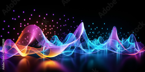 Abstract background with floating lines and dots forming wave shapes