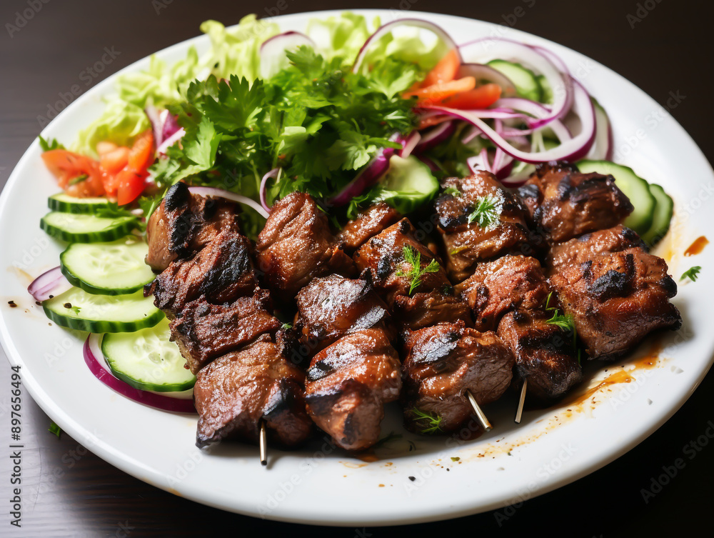 Close-up of grilled meat kebab with salad on a white plate Close-up of grilled meat kebab with salad on a white plate