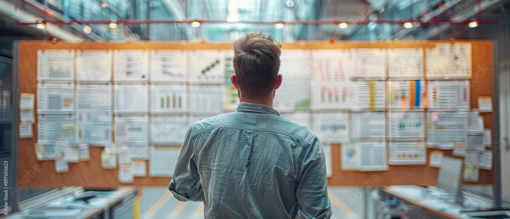 A project manager reviewing a large project plan pinned on a corkboard, filled with timelines, tasks, and milestones, in a vibrant office setting A project manager reviewing a large project plan pinned on a corkboard, filled with timelines, tasks, and milestones, in a vibrant office setting