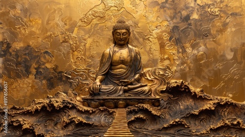 Buddha adorned in a golden carpet with intricate fabric and a luminous cloak, amidst floating rivers, ascending stairs, and divine skies, captured in gold acrylic paint photo