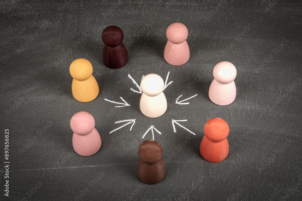 Distribution concept. Wooden human figures on a chalkboard background Distribution concept. Wooden human figures on a chalkboard background