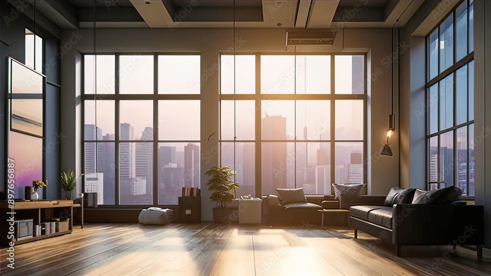 Fototapeta premium Contemporary loft with large windows, marble columns and elegant colonnade, a modern and luxurious lifestyle,