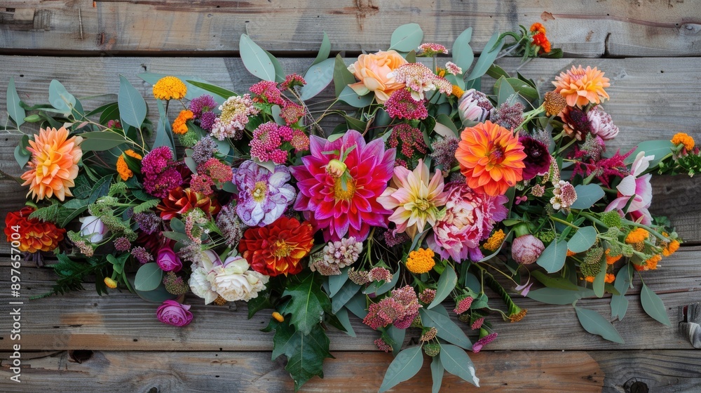 Vibrant floral arrangement on wood backdrop for a festive occasion Vibrant floral arrangement on wood backdrop for a festive occasion