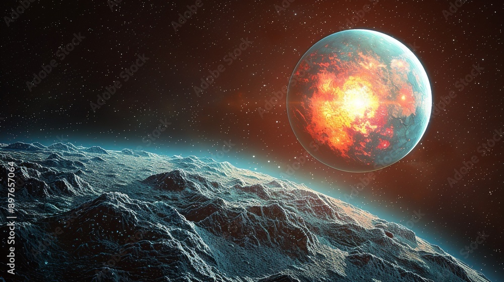 Obraz premium Beautiful representation of an exoplanet, orbiting a distant star, emphasizing the diversity and potential for life in the vast reaches of interstellar space. Watercolor style, high resolution