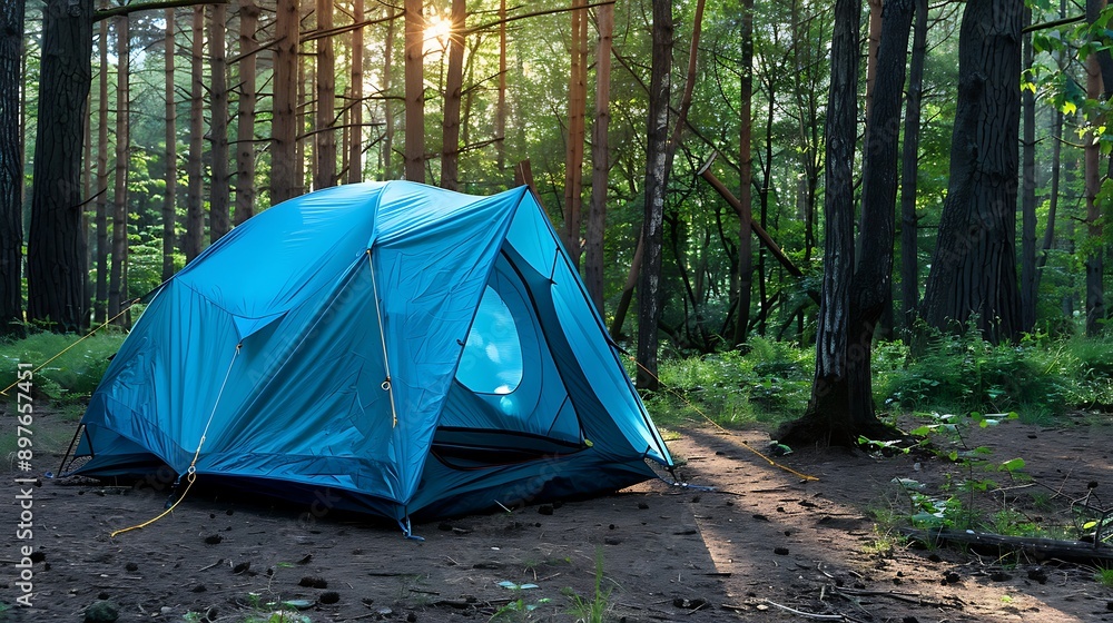 Blue tent in a forest on summer Blue tent in a forest on summer