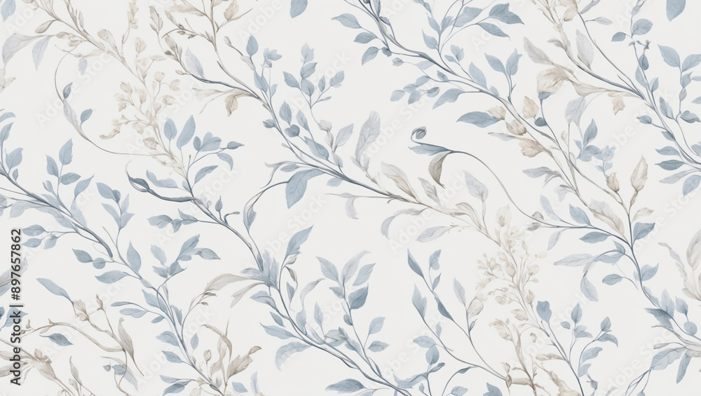 Seamless Abstract Watercolor Pattern of Delicate Blue and Brown Leaves on a White Background Seamless Abstract Watercolor Pattern of Delicate Blue and Brown Leaves on a White Background