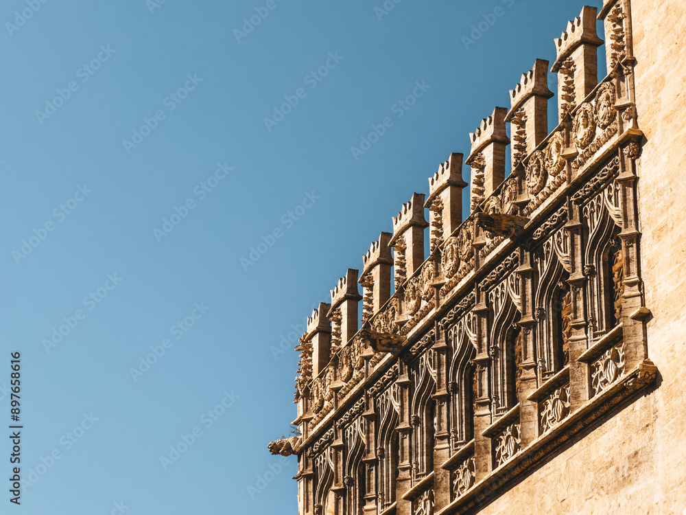 Fototapeta premium Close-up view of the Llotja de la Seda ornate Gothic architecture in Valencia, Spain, featuring intricate carvings and decorative elements against a clear blue sky.