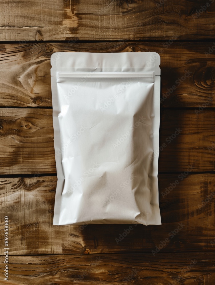 A white plastic packaging pouch on a rustic wooden surface. A white plastic packaging pouch on a rustic wooden surface.