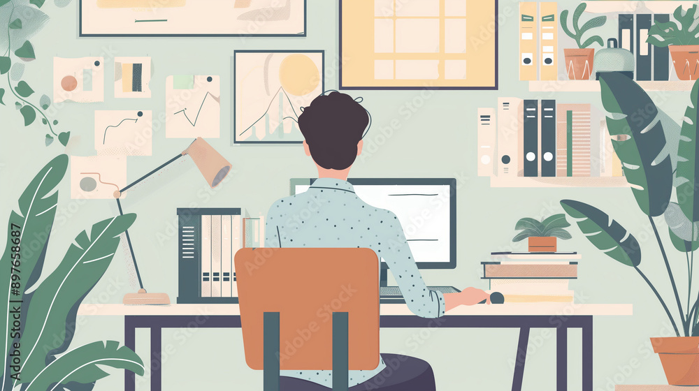 Good looking man working remote job from home. Cheerful freelancer working on laptop Good looking man working remote job from home. Cheerful freelancer working on laptop