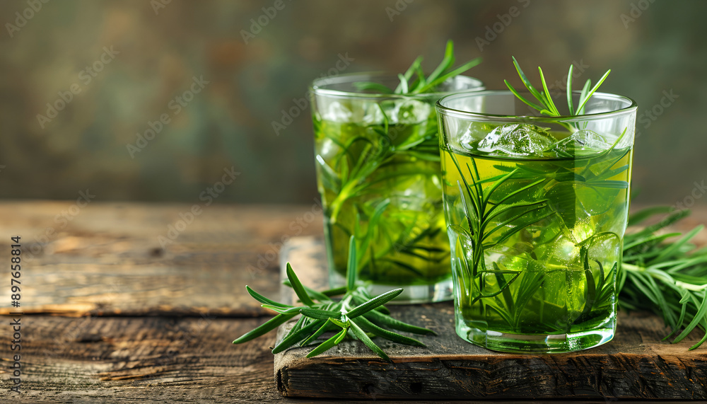 Glasses of refreshing tarragon drink on wooden table. Space for text Glasses of refreshing tarragon drink on wooden table. Space for text