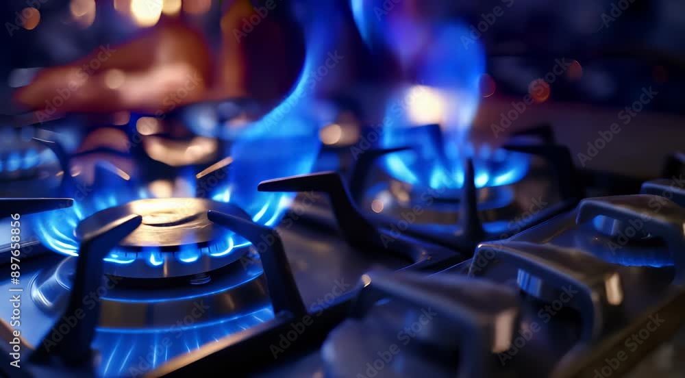 Close-up of lit gas burners on a modern kitchen stove with blue flames, creating a warm and practical cooking environment. Close-up of lit gas burners on a modern kitchen stove with blue flames, creating a warm and practical cooking environment.