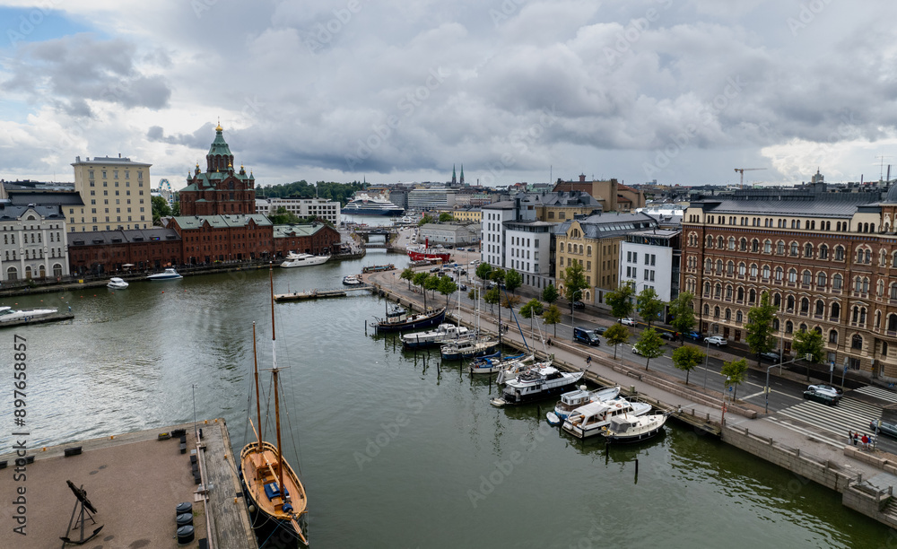 Naklejka premium Aerial drone view of Helsinki cityscape capital of Finland
