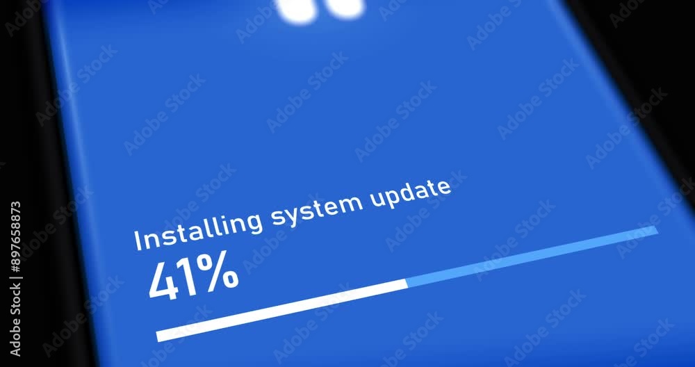 Installing system update on blue smartphone screen, software update process with progress bar animation, footage