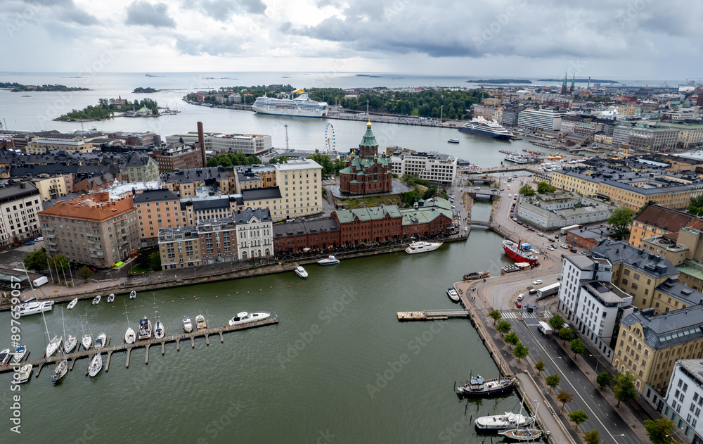 Fototapeta premium Aerial drone view of Helsinki cityscape capital of Finland