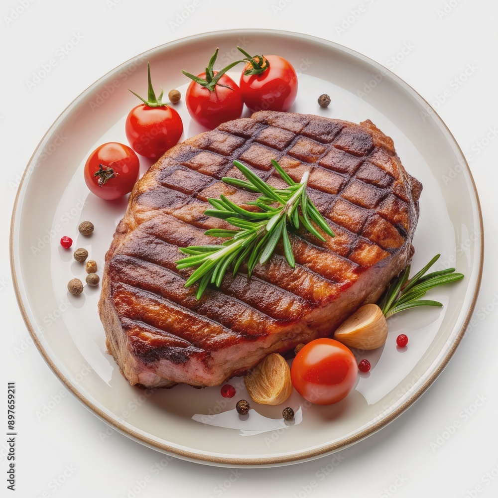 Grilled Steak With Rosemary and Cherry Tomatoes on a White Plate. Generative AI Grilled Steak With Rosemary and Cherry Tomatoes on a White Plate. Generative AI