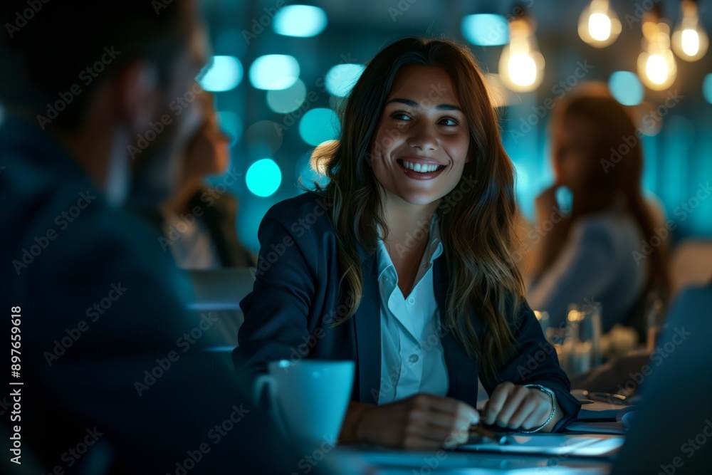 Fototapeta premium A smiling businesswoman presenting a new project in a modern office setting The atmosphere is professional and engaging with colleagues visible in the background and soft lighting highlighting the sce