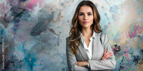 Confident Female Executive with Arms Crossed Standing in Front of a Colorful Wall with Text Space
