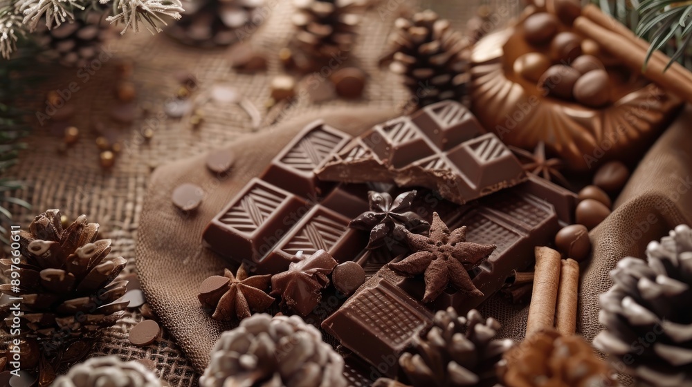 Chocolate treats and brown decorative fabric Chocoholic theme Simple layout art Festive winter wallpaper Chocolate treats and brown decorative fabric Chocoholic theme Simple layout art Festive winter wallpaper
