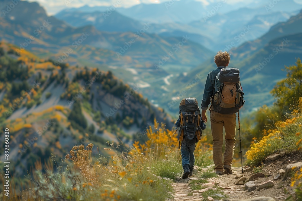 Obraz premium Father and Son Hike Mountain Trail During Autumn