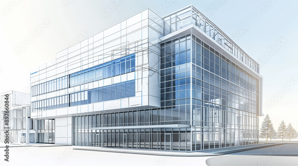 Modern Office Building with Detailed Blueprints. Generative AI Modern Office Building with Detailed Blueprints. Generative AI