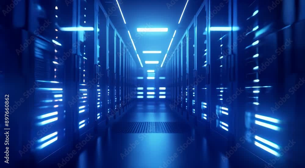 Futuristic server room with glowing blue LED lights and high-tech equipment. Futuristic server room with glowing blue LED lights and high-tech equipment.