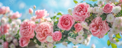 Beautiful pink roses and white peonies in a summer garden against a blue sky © Georgii