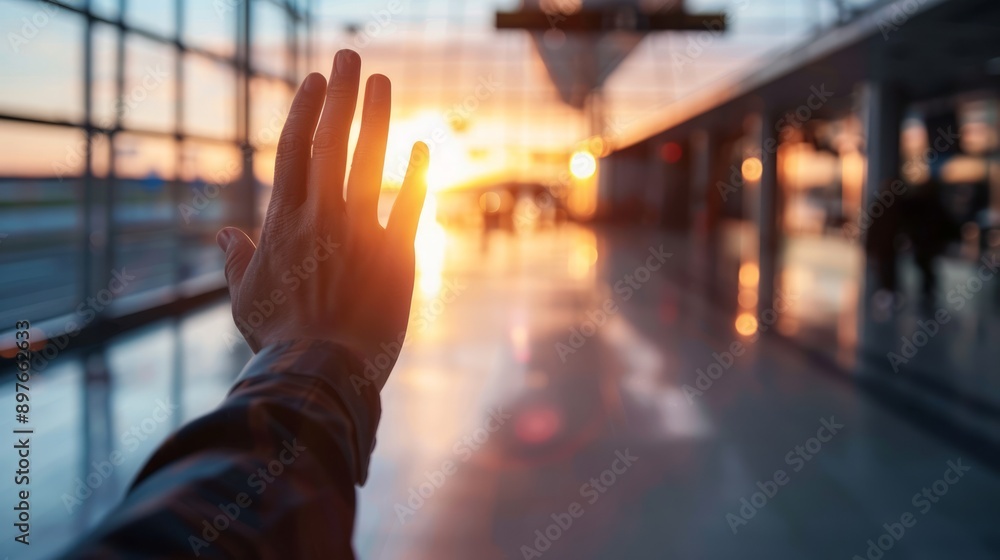 Traveler bids farewell in a bustling airport terminal as the sun sets through the windows