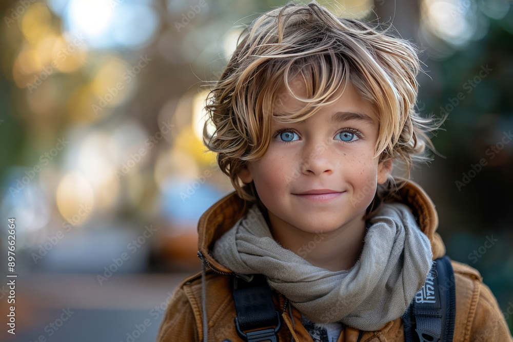 A handsome 10-year-old boy walks outdoors with a camera in his hand to record his life. Blue eyes, handsome hairstyle,generative ai A handsome 10-year-old boy walks outdoors with a camera in his hand to record his life. Blue eyes, handsome hairstyle,generative ai