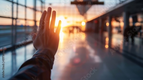 Obraz na płótnie Traveler bids farewell in a bustling airport terminal as the sun sets through the windows w salonie