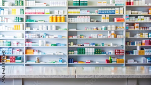 Empty Pharmacy Countertop With Blurred Medicine Shelves. Generative AI © Irina